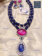 VeroniQ Trends-Double Line Sapphire Beads Polki Long Necklace Polki-Gold Plated-Wedding Jewelry-Punjabi Jewelry-South Indian-Thappa Jewelry