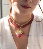 VeroniQ Trends-Beautiful Single Line Ruby Pink Beads Drop And Pachi Kundan Choker Necklace Pachi Kundan-Gold Plated-Wedding Jewelry-Punjabi Jewelry-South Indian-Thappa Jewelry