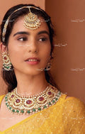 VeroniQ Trends-Traditional Ruby Pink Stone And Pachi Kundan Necklace With Earrings And Matha Patti Pachi Kundan-Gold Plated-Wedding Jewellery-Punjabi Jewellery-South Indian-Thappa Jewellery