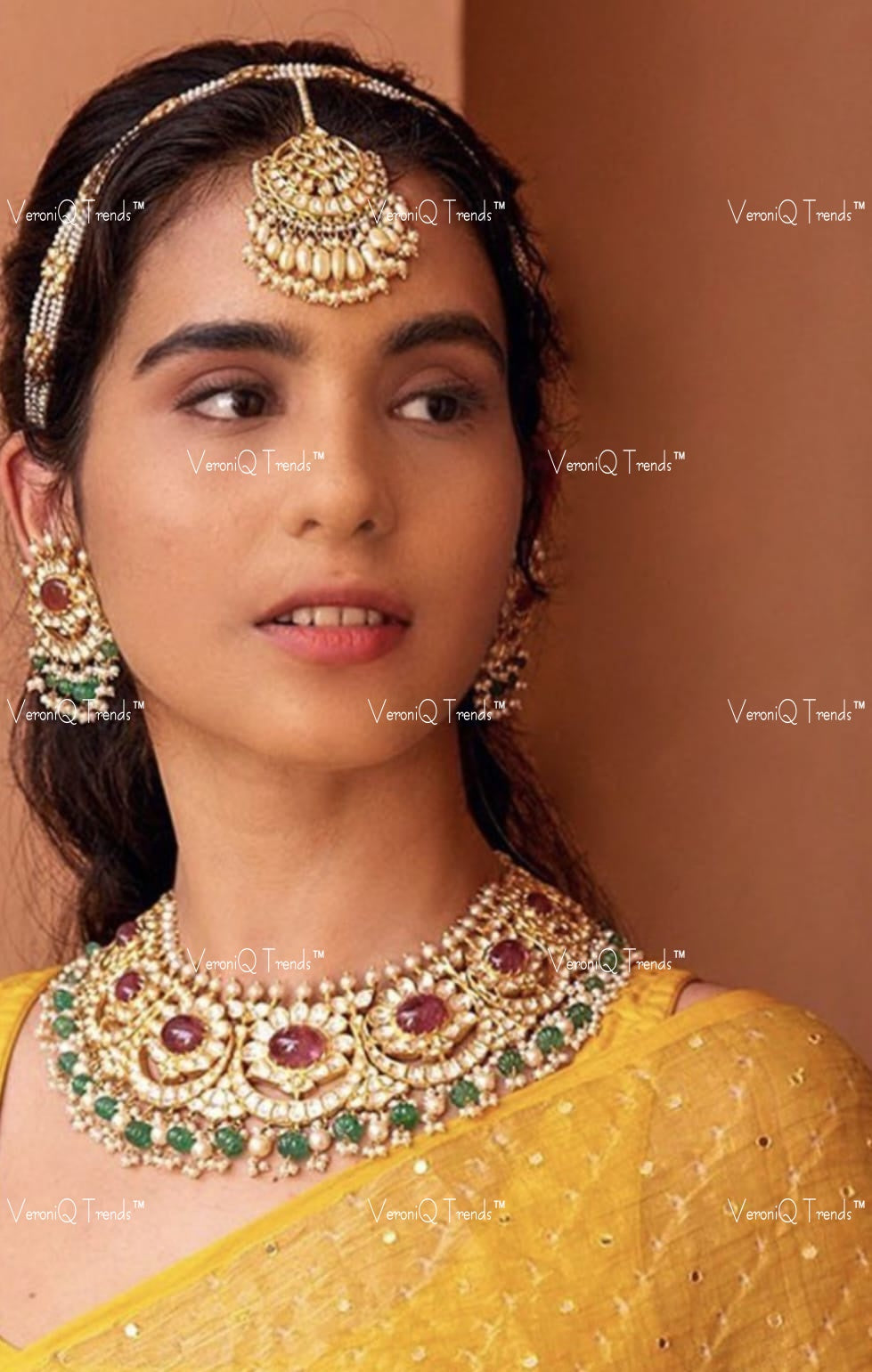 VeroniQ Trends-Traditional Ruby Pink Stone And Pachi Kundan Necklace With Earrings And Matha Patti Pachi Kundan-Gold Plated-Wedding Jewellery-Punjabi Jewellery-South Indian-Thappa Jewellery