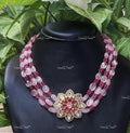 VeroniQ Trends-Victorian Floral Rose Pink Quartz Beads Ruby And Polki Silver Necklace 92.5 Silver Moissanite Diamond Polki-Gold Plated-Wedding Jewellery-Punjabi Jewellery-South Indian-Thappa Jewellery