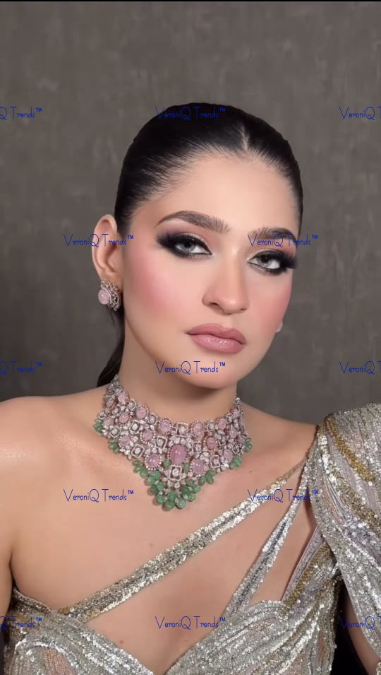 VeroniQ Trends-Victorian Baby Pink Stone And Polki Silver Choker Necklace With Green Beads 92.5 Silver Moissanite Diamond Polki-Gold Plated-Wedding Jewellery-Punjabi Jewellery-South Indian-Thappa Jewellery