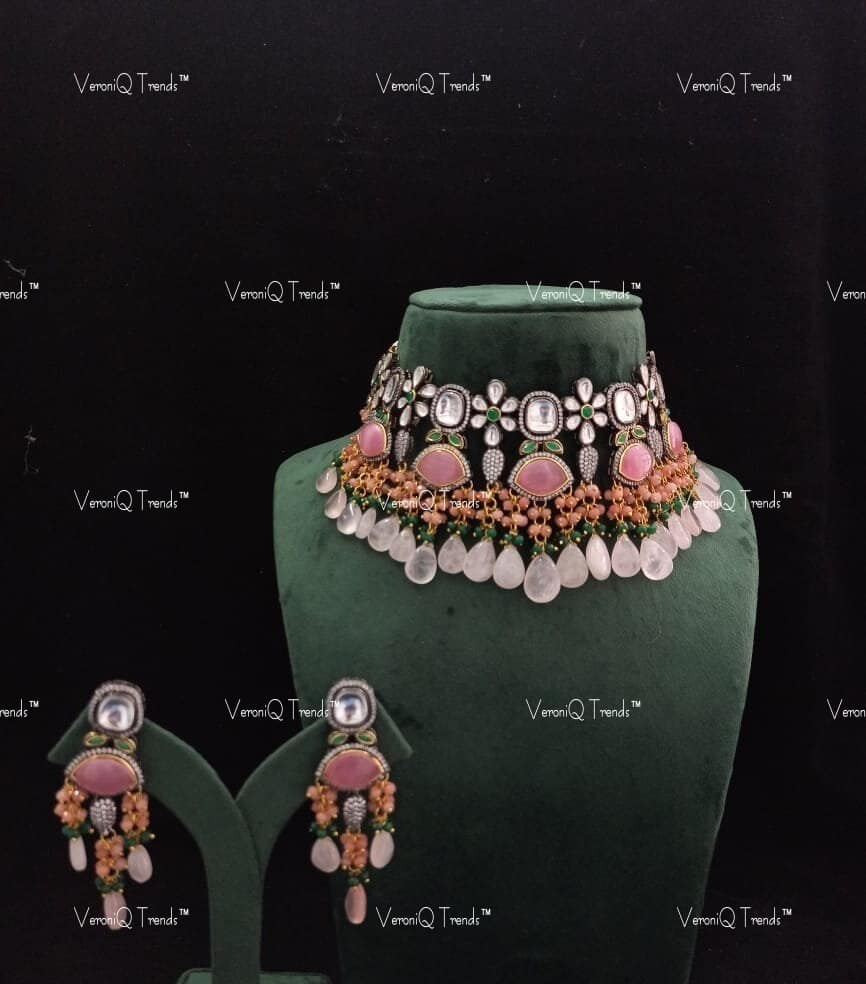 VeroniQ Trends-Party Wear Victorian Polki Choker Necklace in Rose Quartz Polki-Gold Plated-Wedding Jewellery-Punjabi Jewellery-South Indian-Thappa Jewellery