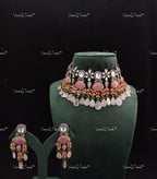 VeroniQ Trends-Party Wear Victorian Polki Choker Necklace in Rose Quartz Polki-Gold Plated-Wedding Jewelry-Punjabi Jewelry-South Indian-Thappa Jewelry
