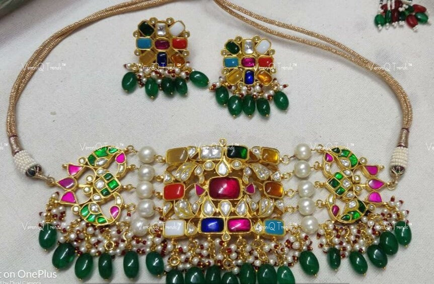 VeroniQ Trends-Beautiful Bridal Navratan Gold Plated Pachi Kundan Choker Necklace Kundan-Gold Plated-Wedding Jewellery-Punjabi Jewellery-South Indian-Thappa Jewellery