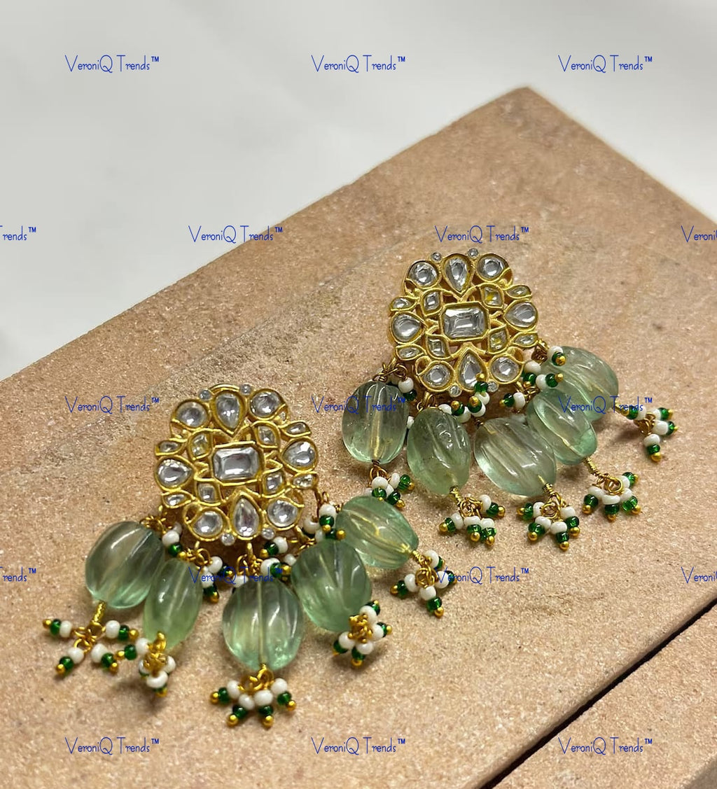 VeroniQ Trends-Traditional Gold Plated Multistrand Pachi Kundan Choker Necklace With Pumpkin Green Beads Pachi Kundan-Gold Plated-Wedding Jewellery-Punjabi Jewellery-South Indian-Thappa Jewellery