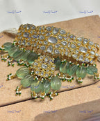 VeroniQ Trends-Traditional Gold Plated Multistrand Pachi Kundan Choker Necklace With Pumpkin Green Beads Pachi Kundan-Gold Plated-Wedding Jewelry-Punjabi Jewelry-South Indian-Thappa Jewelry