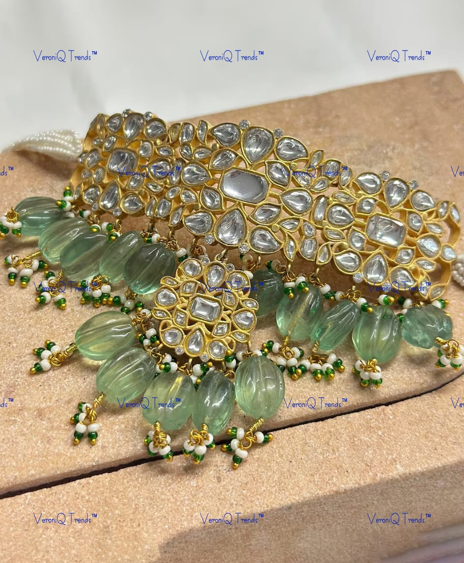 VeroniQ Trends-Traditional Gold Plated Multistrand Pachi Kundan Choker Necklace With Pumpkin Green Beads Pachi Kundan-Gold Plated-Wedding Jewellery-Punjabi Jewellery-South Indian-Thappa Jewellery