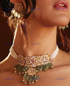 VeroniQ Trends-Traditional Gold Plated Multistrand Pachi Kundan Choker Necklace With Pumpkin Green Beads Pachi Kundan-Gold Plated-Wedding Jewelry-Punjabi Jewelry-South Indian-Thappa Jewelry