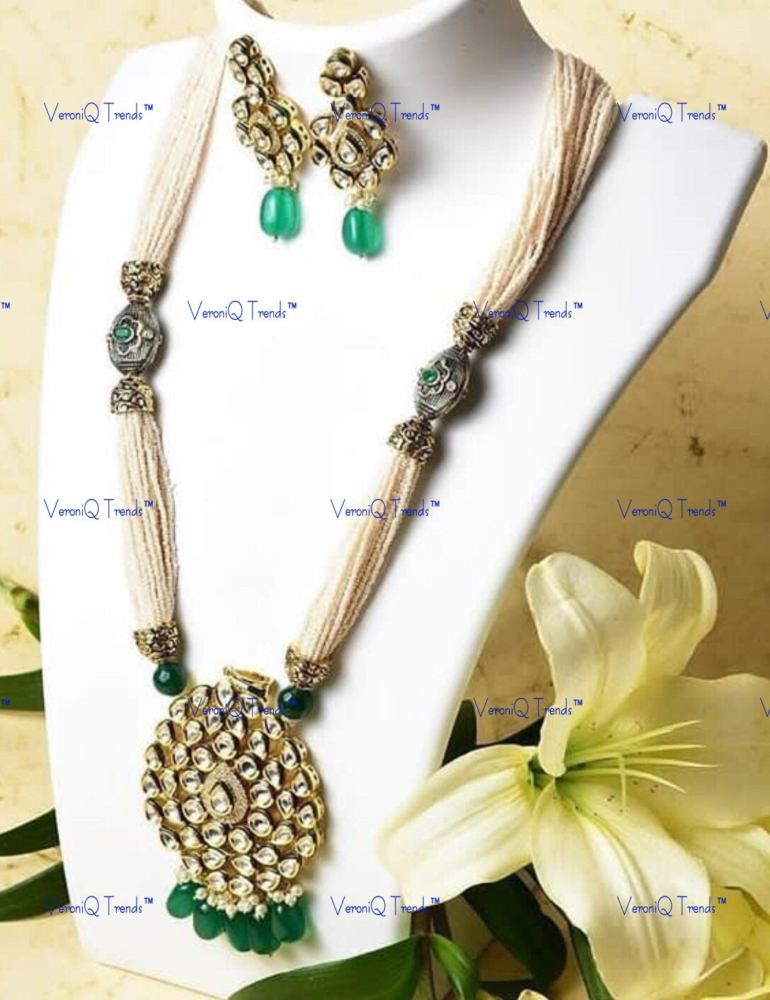 VeroniQ Trends-Beautiful Multistrand Gold Plated Pearl And Kundan Long Necklace Kundan-Gold Plated-Wedding Jewellery-Punjabi Jewellery-South Indian-Thappa Jewellery