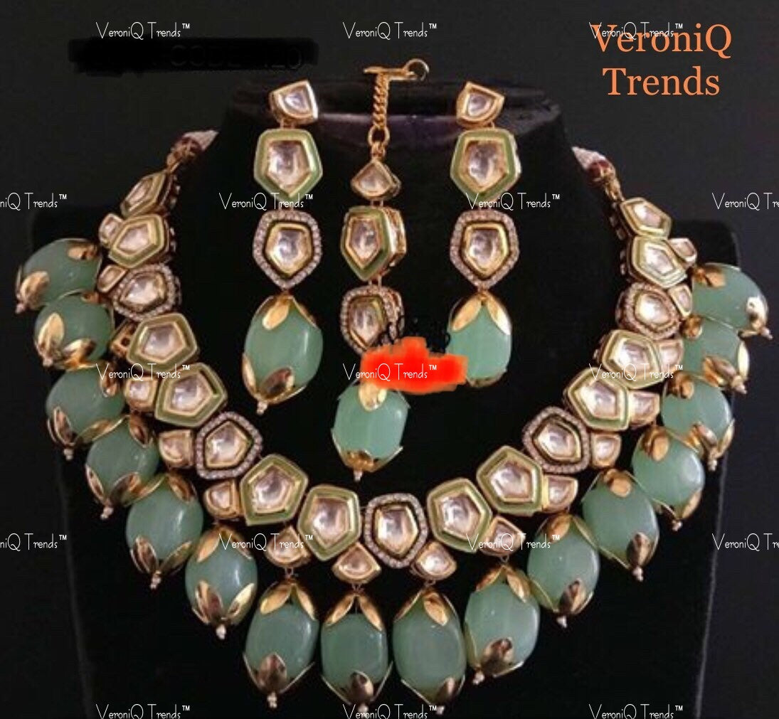 VeroniQ Trends-Beautiful Kundan Meenakari Necklace in Mint Aqua Gemstone Kundan-Gold Plated-Wedding Jewellery-Punjabi Jewellery-South Indian-Thappa Jewellery