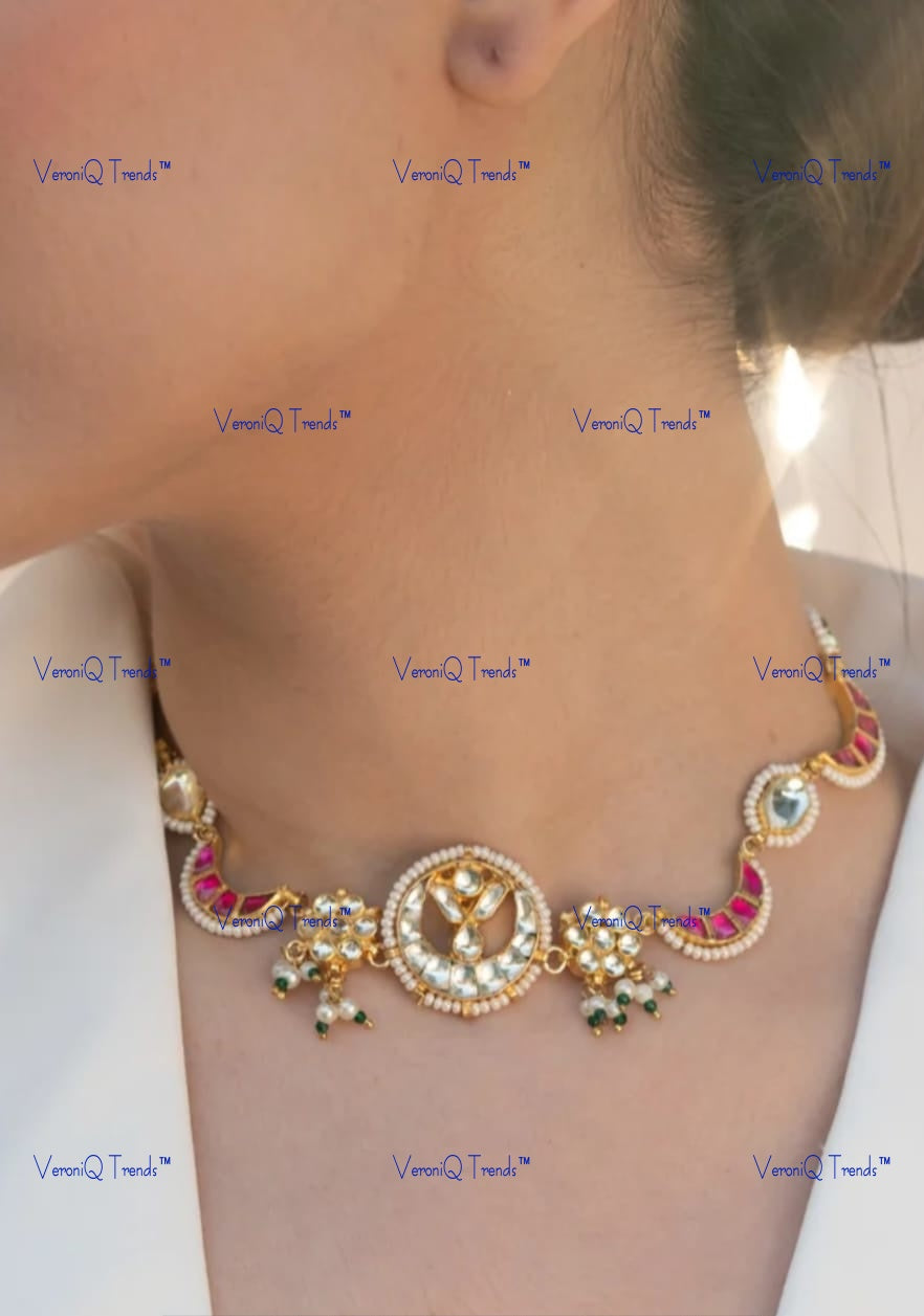 VeroniQ Trends-Moon Style Gold Plated Pachi Kundan Choker Necklace Pachi Kundan-Gold Plated-Wedding Jewellery-Punjabi Jewellery-South Indian-Thappa Jewellery