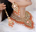 VeroniQ Trends-Beautiful Gold Plated Heavy Kundan Meenakari Choker Necklace in Orange Color Kundan-Gold Plated-Wedding Jewellery-Punjabi Jewellery-South Indian-Thappa Jewellery