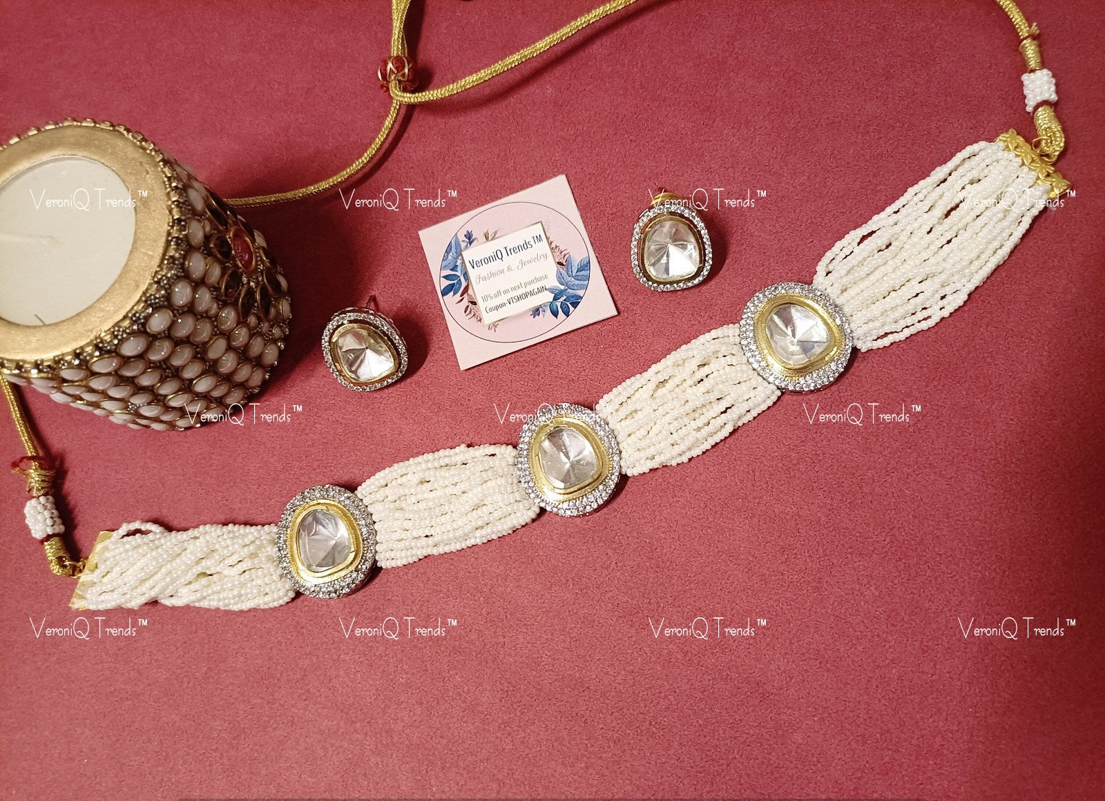 VeroniQ Trends-Elegant Multistrand Gold Plated Polki Choker Necklace Polki-Gold Plated-Wedding Jewellery-Punjabi Jewellery-South Indian-Thappa Jewellery