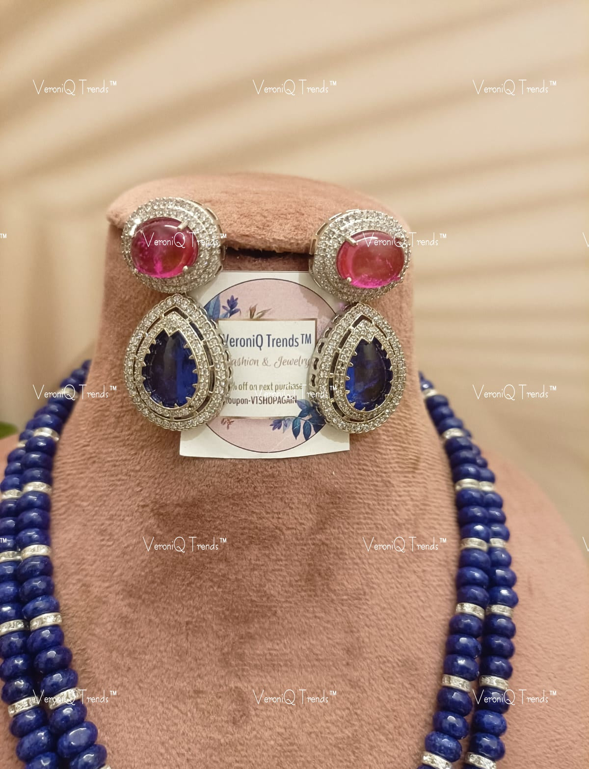 VeroniQ Trends-Double Line Sapphire Beads Polki Long Necklace Polki-Gold Plated-Wedding Jewellery-Punjabi Jewellery-South Indian-Thappa Jewellery