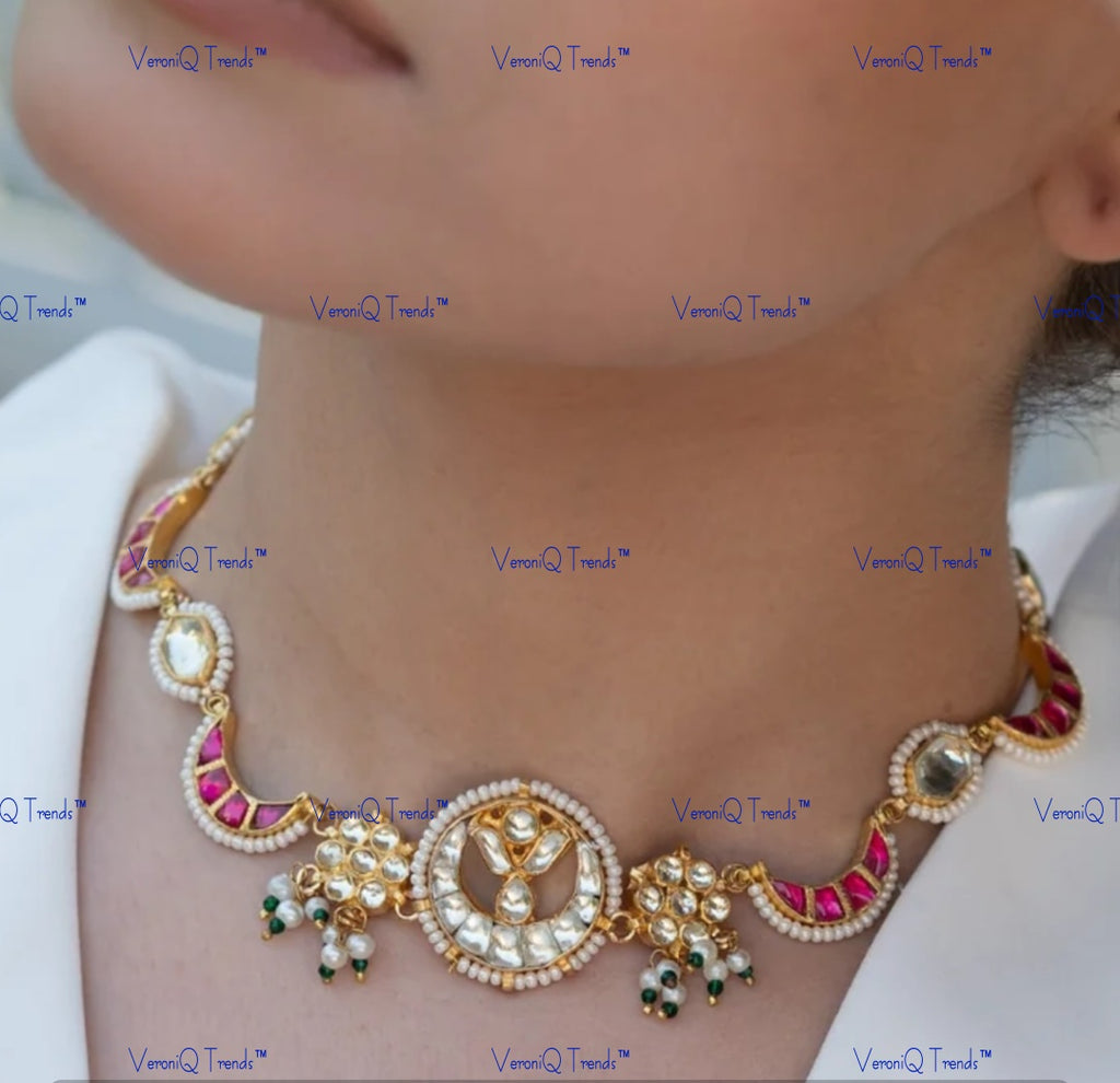 VeroniQ Trends-Moon Style Gold Plated Pachi Kundan Choker Necklace Pachi Kundan-Gold Plated-Wedding Jewellery-Punjabi Jewellery-South Indian-Thappa Jewellery