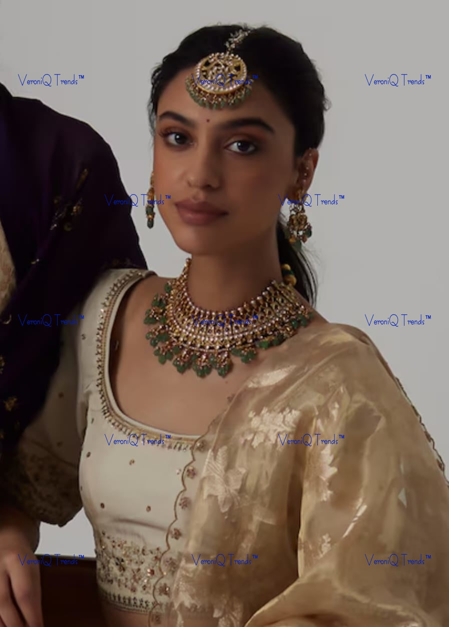 VeroniQ Trends-Bridal Gold Plated Pachi Kundan Choker Necklace With Green Beads Drop Pachi Kundan-Gold Plated-Wedding Jewellery-Punjabi Jewellery-South Indian-Thappa Jewellery