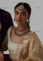 VeroniQ Trends-Bridal Gold Plated Pachi Kundan Choker Necklace With Green Beads Drop Pachi Kundan-Gold Plated-Wedding Jewelry-Punjabi Jewelry-South Indian-Thappa Jewelry