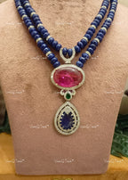 VeroniQ Trends-Double Line Sapphire Beads Polki Long Necklace Polki-Gold Plated-Wedding Jewelry-Punjabi Jewelry-South Indian-Thappa Jewelry