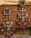 VeroniQ Trends-Beautiful Victorian Emerald And Polki Earrings with Pink Quartz Beads Drop 92.5 Silver Moissanite Diamond Polki-Emerald Stone-Gold Plated-Wedding Jewellery-Punjabi Jewellery-South Indian-Thappa Jewellery