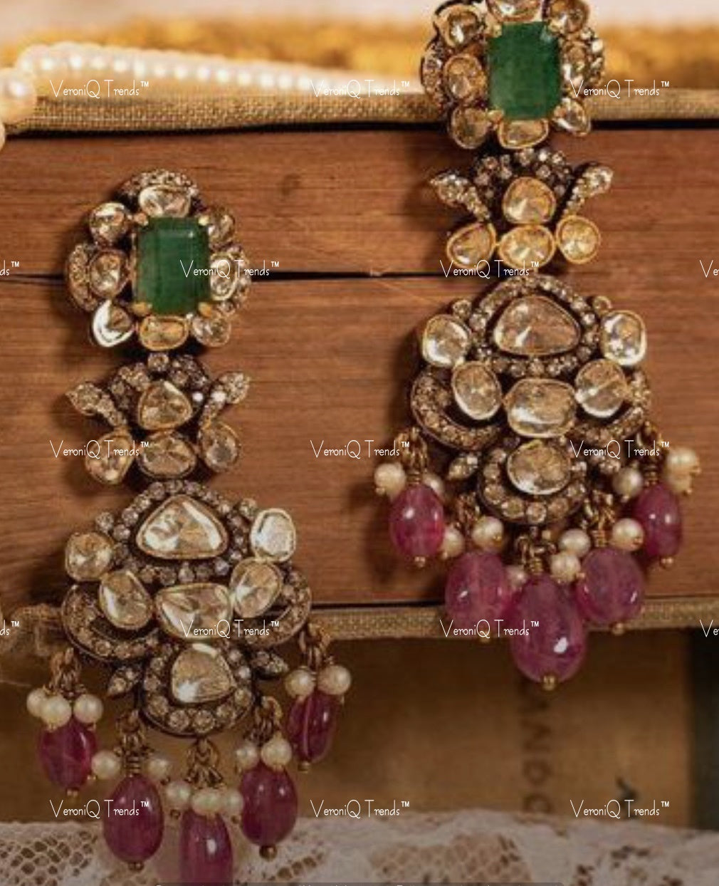 VeroniQ Trends-Beautiful Victorian Emerald And Polki Earrings with Pink Quartz Beads Drop 92.5 Silver Moissanite Diamond Polki-Emerald Stone-Gold Plated-Wedding Jewellery-Punjabi Jewellery-South Indian-Thappa Jewellery