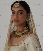 VeroniQ Trends-Bridal Gold Plated Pachi Kundan Choker Necklace With Green Beads Drop Pachi Kundan-Gold Plated-Wedding Jewelry-Punjabi Jewelry-South Indian-Thappa Jewelry