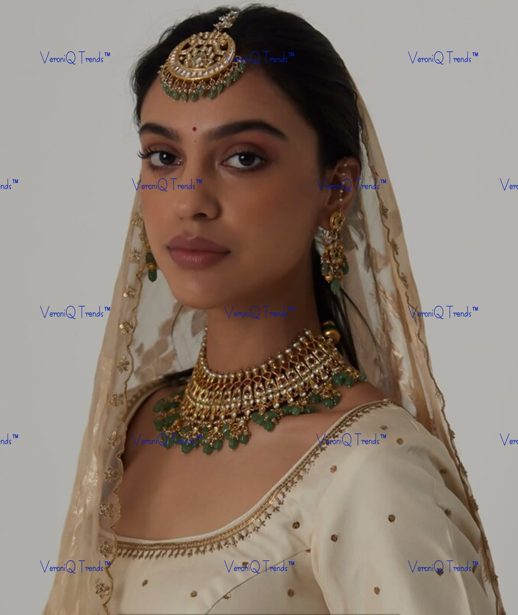 VeroniQ Trends-Bridal Gold Plated Pachi Kundan Choker Necklace With Green Beads Drop Pachi Kundan-Gold Plated-Wedding Jewellery-Punjabi Jewellery-South Indian-Thappa Jewellery