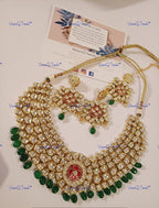 VeroniQ Trends-Elegant Bridal Gold Plated Red Meenakari Kundan Choker Necklace With Green Quartz Beads Kundan-Gold Plated-Wedding Jewelry-Punjabi Jewelry-South Indian-Thappa Jewelry