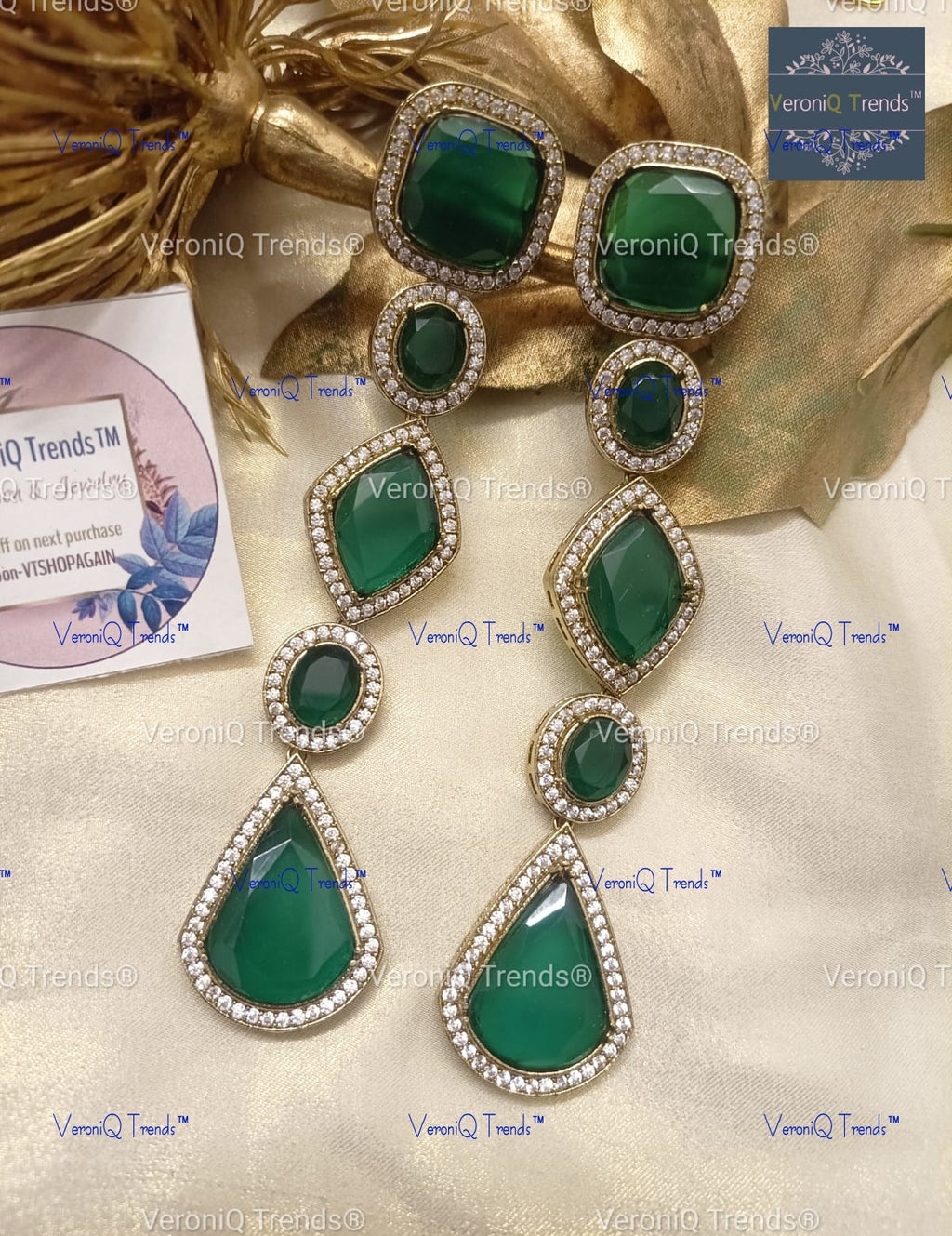VeroniQ Trends-Party Look Long Doublet Stone And American Diamond Earrings American Diamond-Gold Plated-Wedding Jewellery-Punjabi Jewellery-South Indian-Thappa Jewellery