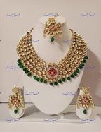 VeroniQ Trends-Elegant Bridal Gold Plated Red Meenakari Kundan Choker Necklace With Green Quartz Beads Kundan-Gold Plated-Wedding Jewelry-Punjabi Jewelry-South Indian-Thappa Jewelry