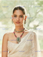 VeroniQ Trends-Victorian Multistrand Emerald And Polki Silver Long Necklace 92.5 Silver Moissanite Diamond Polki-Gold Plated-Wedding Jewelry-Punjabi Jewelry-South Indian-Thappa Jewelry