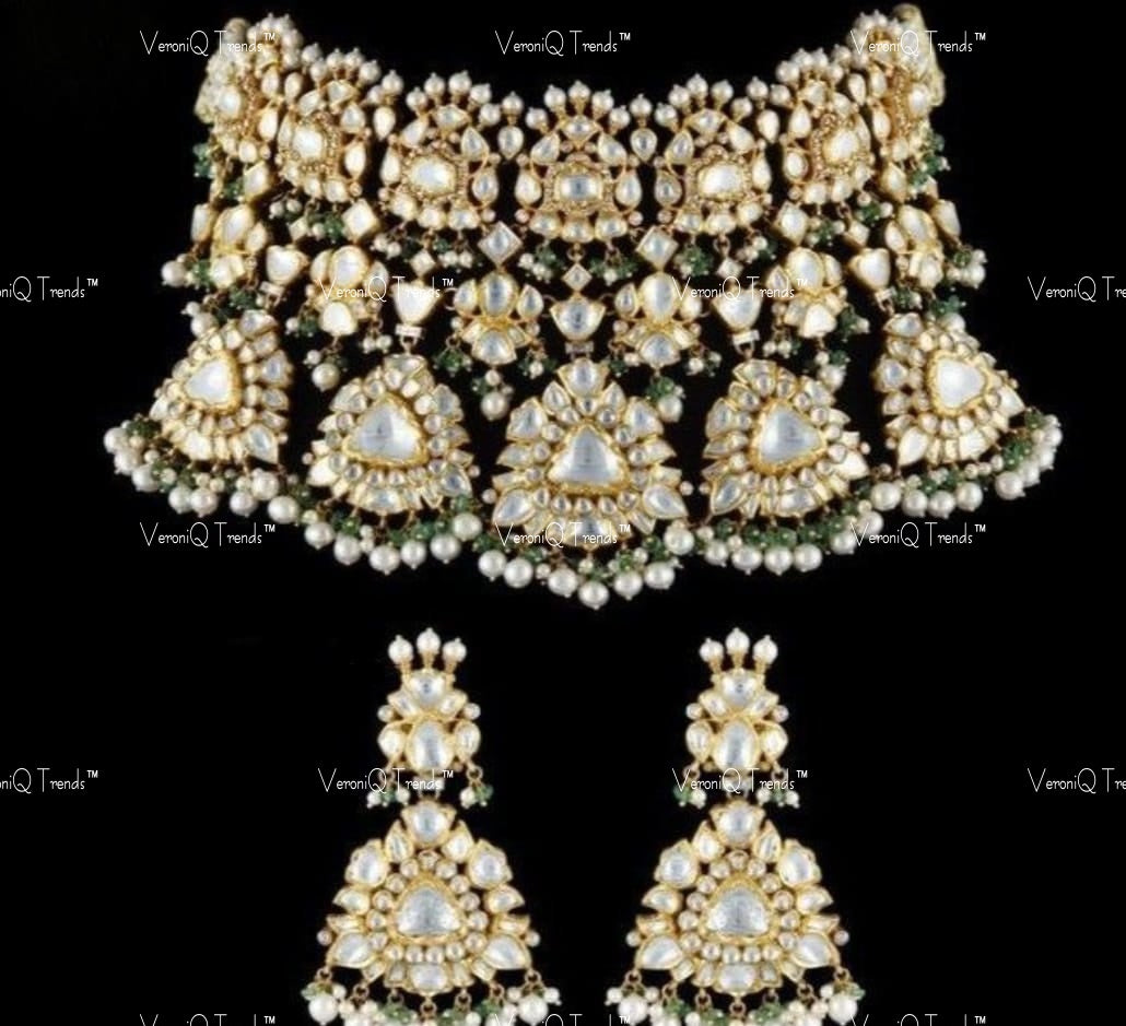 VeroniQ Trends-Bridal Gold Plated Polki Pachi Kundan Choker Necklace With Green Beads Polki Pachi Kundan-Gold Plated-Wedding Jewellery-Punjabi Jewellery-South Indian-Thappa Jewellery
