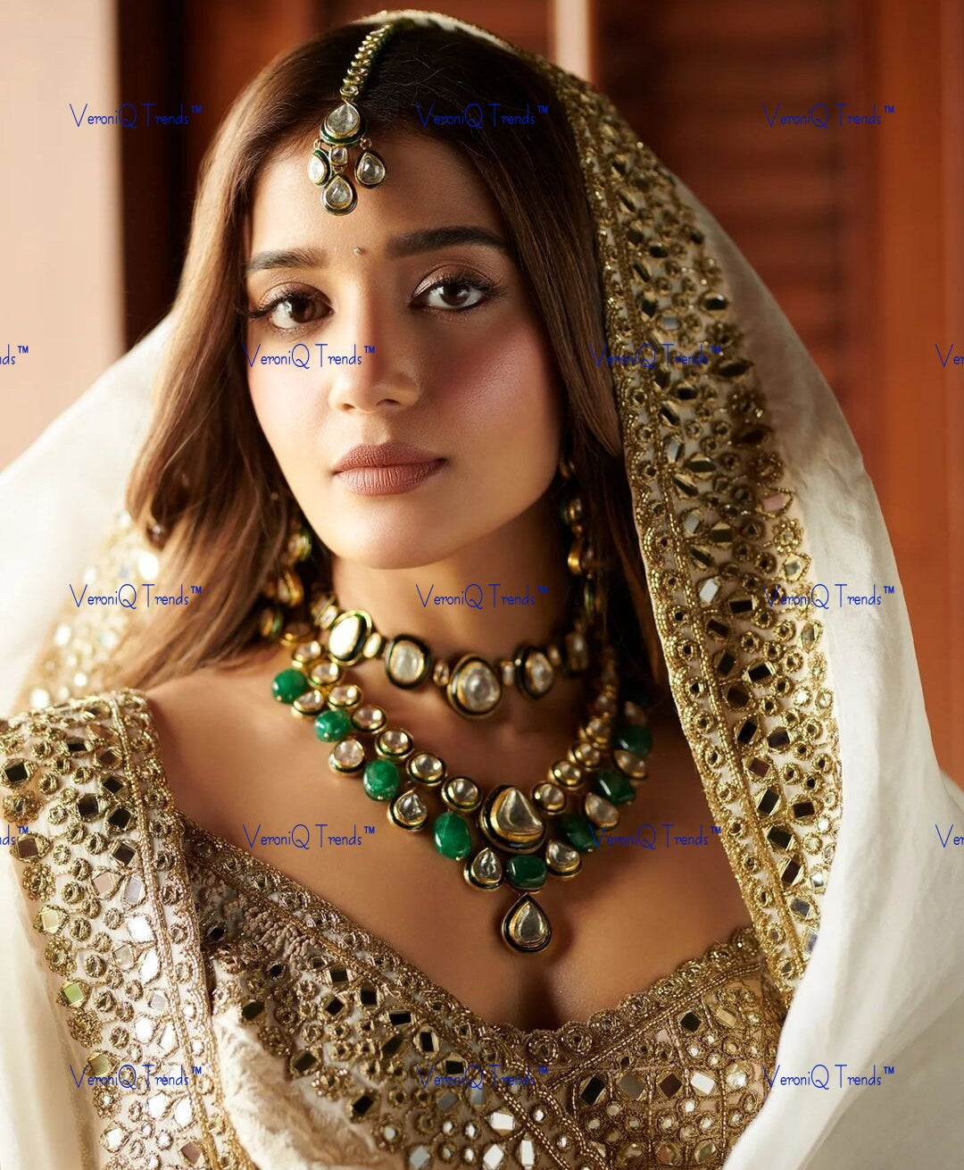 VeroniQ Trends-Elegant Bridal Gold Plated Meenakari Kundan Choker And Long Necklace With Green Quartz Beads Kundan-Gold Plated-Wedding Jewellery-Punjabi Jewellery-South Indian-Thappa Jewellery