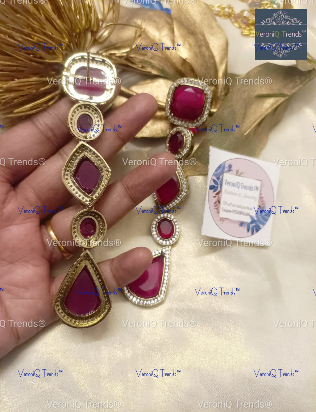 VeroniQ Trends-Party Look Long Doublet Stone And American Diamond Earrings American Diamond-Gold Plated-Wedding Jewellery-Punjabi Jewellery-South Indian-Thappa Jewellery