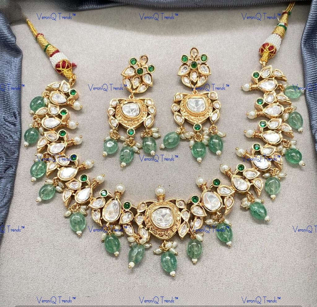 VeroniQ Trends-Gold Plated Carved With Green Beads Polki Necklace Set Polki-Gold Plated-Wedding Jewellery-Punjabi Jewellery-South Indian-Thappa Jewellery