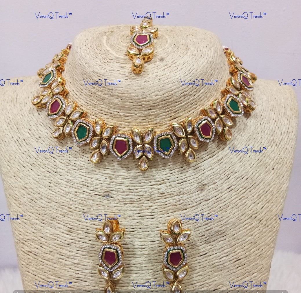 VeroniQ Trends-Multicolor Polki Choker Necklace Set Polki-Gold Plated-Wedding Jewellery-Punjabi Jewellery-South Indian-Thappa Jewellery