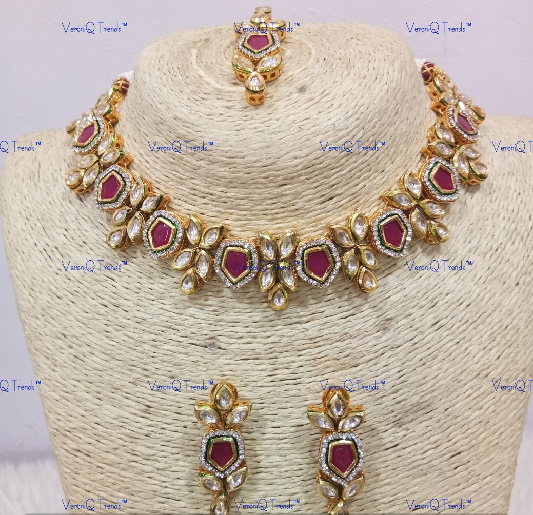 VeroniQ Trends-Multicolor Polki Choker Necklace Set Polki-Gold Plated-Wedding Jewellery-Punjabi Jewellery-South Indian-Thappa Jewellery