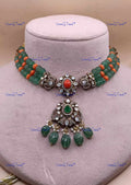 VeroniQ Trends-Victorian MultiStrand Beryl Beads Emerald And Polki Silver Choker Necklace With Pumpkin Beads 92.5 Silver Moissanite Diamond Polki-Emerald Stone-Gold Plated-Wedding Jewellery-Punjabi Jewellery-South Indian-Thappa Jewellery
