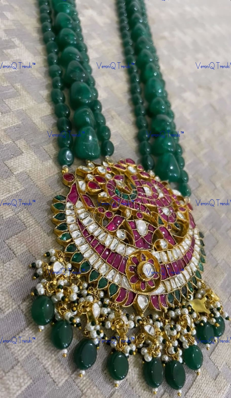 VeroniQ Trends-Temple Beryl Beads Kemp Stone Pachi Kundan Long Chandbali Pendant Necklace Pachi Kundan-Gold Plated-Wedding Jewellery-Punjabi Jewellery-South Indian-Thappa Jewellery