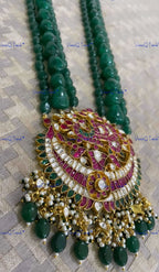 VeroniQ Trends-Temple Beryl Beads Kemp Stone Pachi Kundan Long Chandbali Pendant Necklace Pachi Kundan-Gold Plated-Wedding Jewelry-Punjabi Jewelry-South Indian-Thappa Jewelry