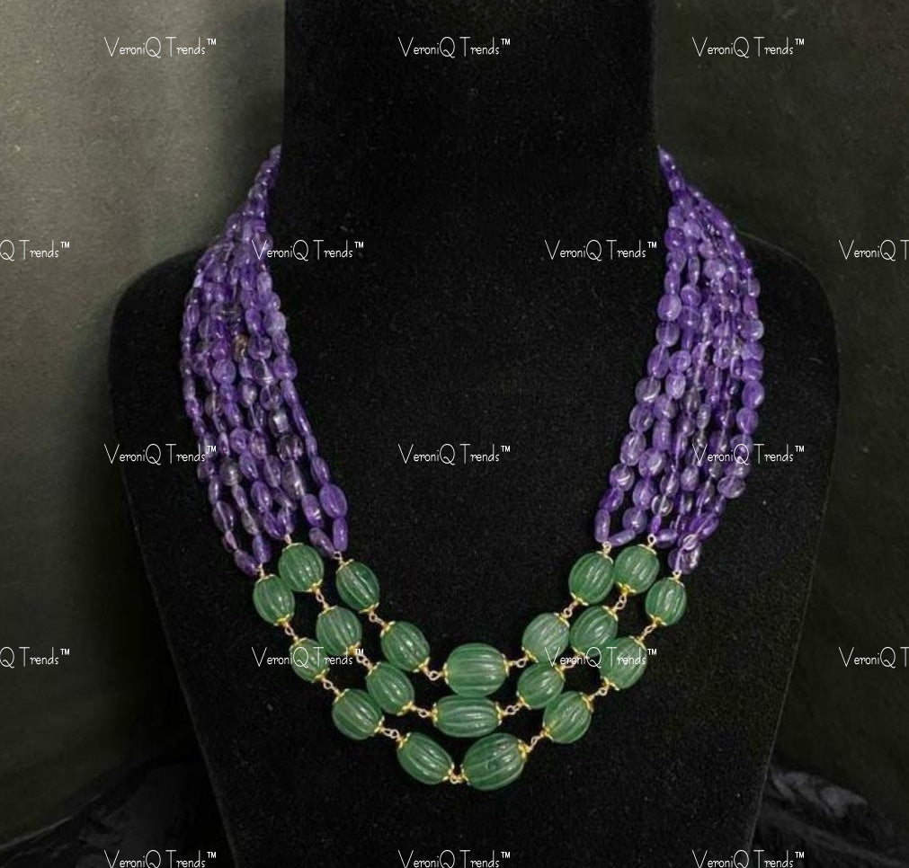 VeroniQ Trends-Beautiful Multistrand Amethyst And Carved Strawberry Quartz Beads Jaipuri Mala Necklace-Gold Plated-Wedding Jewellery-Punjabi Jewellery-South Indian-Thappa Jewellery