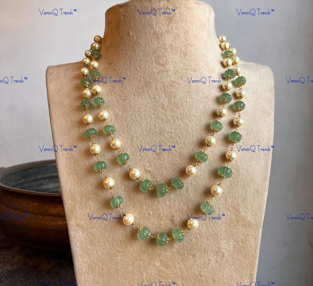 VeroniQ Trends-Beautiful Gold Plated Double Layer Pumpkin And Pearls Beads Jaipuri Mala Necklace-Gold Plated-Wedding Jewellery-Punjabi Jewellery-South Indian-Thappa Jewellery
