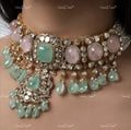 VeroniQ Trends-Victorian Rose Quartz Emerald And Polki Silver Choker Necklace With Green Quartz Beads 92.5 Silver Moissanite Diamond Polki-Emerald Stone-Gold Plated-Wedding Jewellery-Punjabi Jewellery-South Indian-Thappa Jewellery