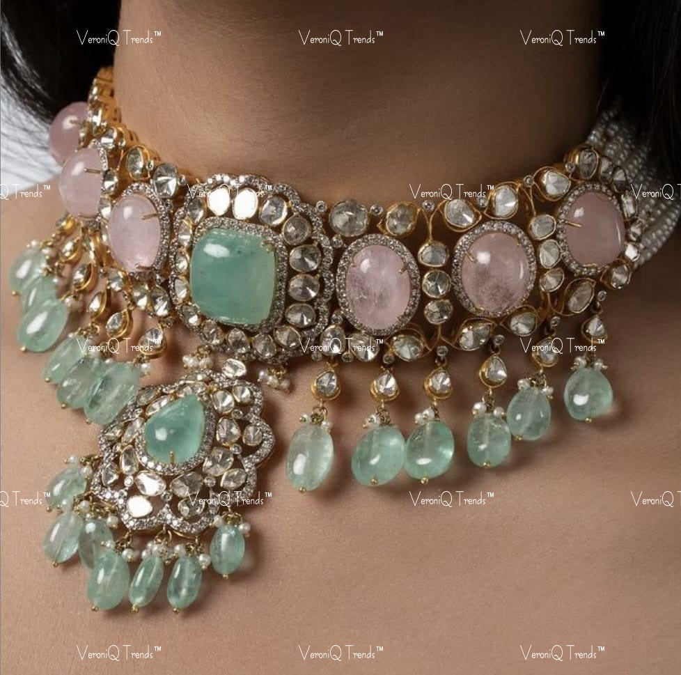 VeroniQ Trends-Victorian Rose Quartz Emerald And Polki Silver Choker Necklace With Green Quartz Beads 92.5 Silver Moissanite Diamond Polki-Emerald Stone-Gold Plated-Wedding Jewellery-Punjabi Jewellery-South Indian-Thappa Jewellery