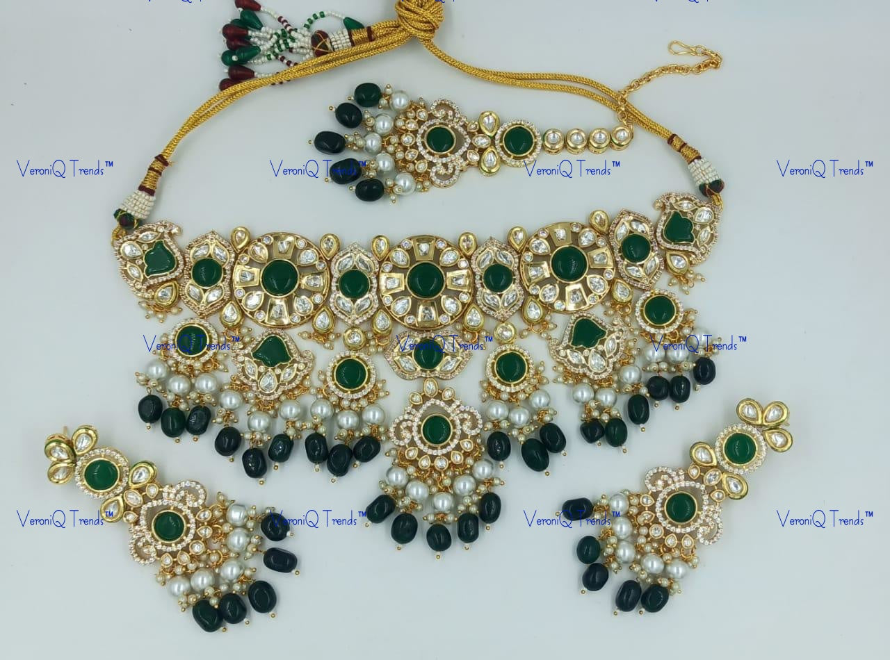 VeroniQ Trends-Traditional Bridal Gold Plated Beads And Polki  Choker Necklace With Maang Tika Polki-Gold Plated-Wedding Jewellery-Punjabi Jewellery-South Indian-Thappa Jewellery