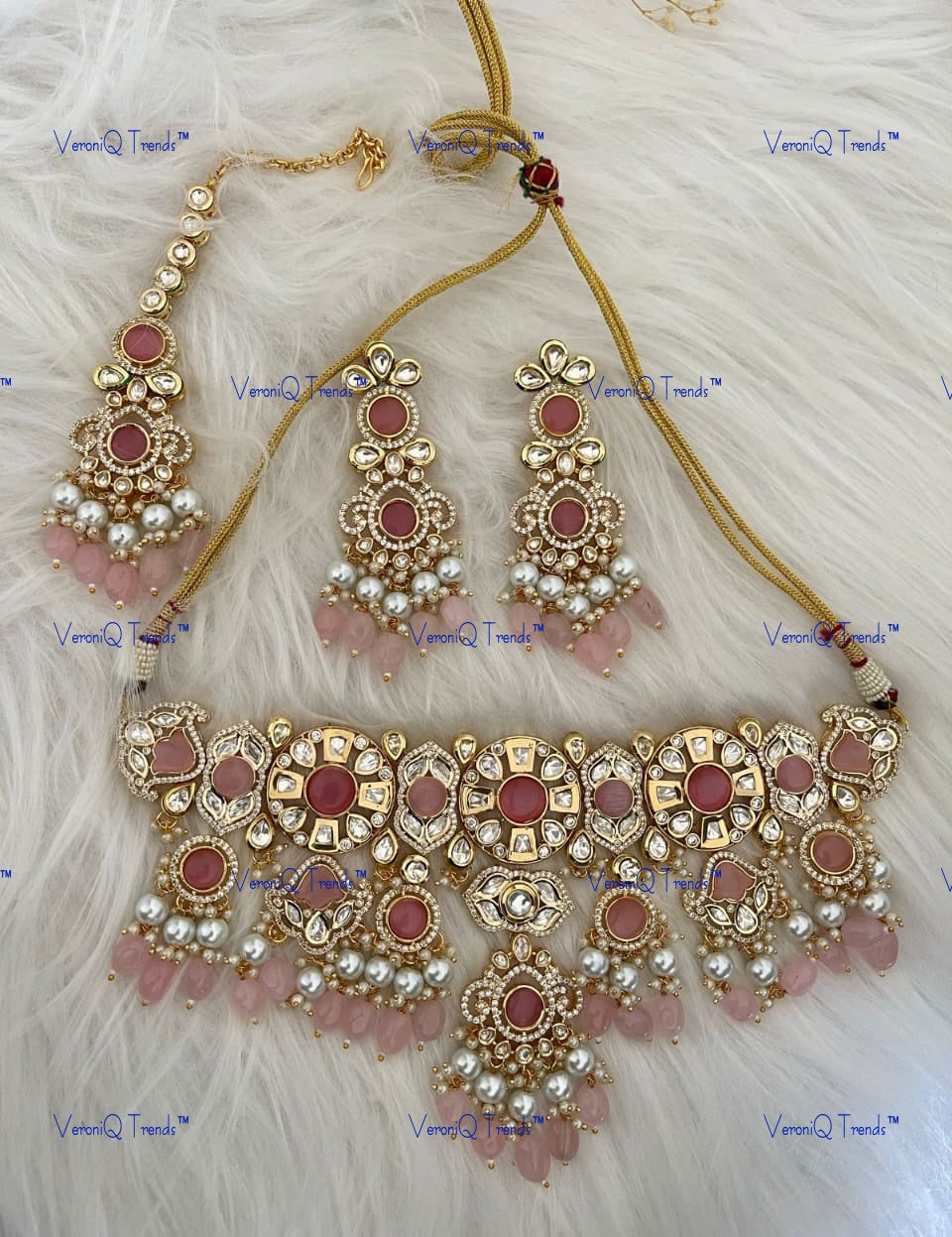 VeroniQ Trends-Traditional Bridal Gold Plated Beads And Polki  Choker Necklace With Maang Tika Polki-Gold Plated-Wedding Jewellery-Punjabi Jewellery-South Indian-Thappa Jewellery