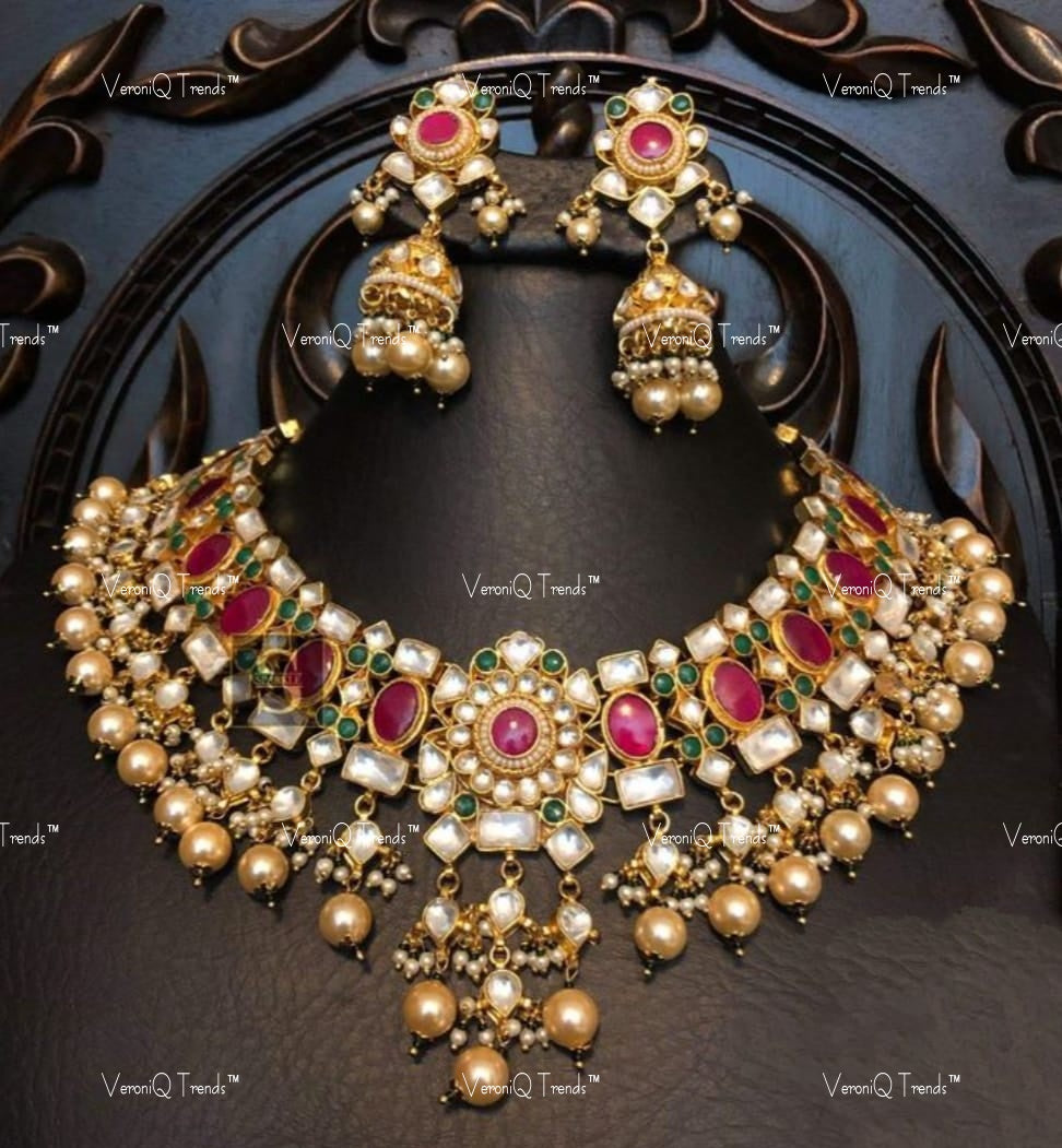 VeroniQ Trends-Traditional Ruby Pink Stone And Pachi Kundan Choker Necklace Pachi Kundan-Gold Plated-Wedding Jewellery-Punjabi Jewellery-South Indian-Thappa Jewellery