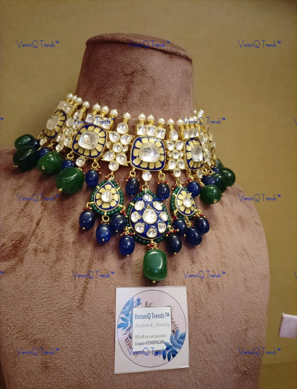 VeroniQ Trends-Beautiful Bridal Gold Plated Bollywood Style Pachi Kundan Choker Necklace With Meenakari Pachi Kundan-Gold Plated-Wedding Jewellery-Punjabi Jewellery-South Indian-Thappa Jewellery