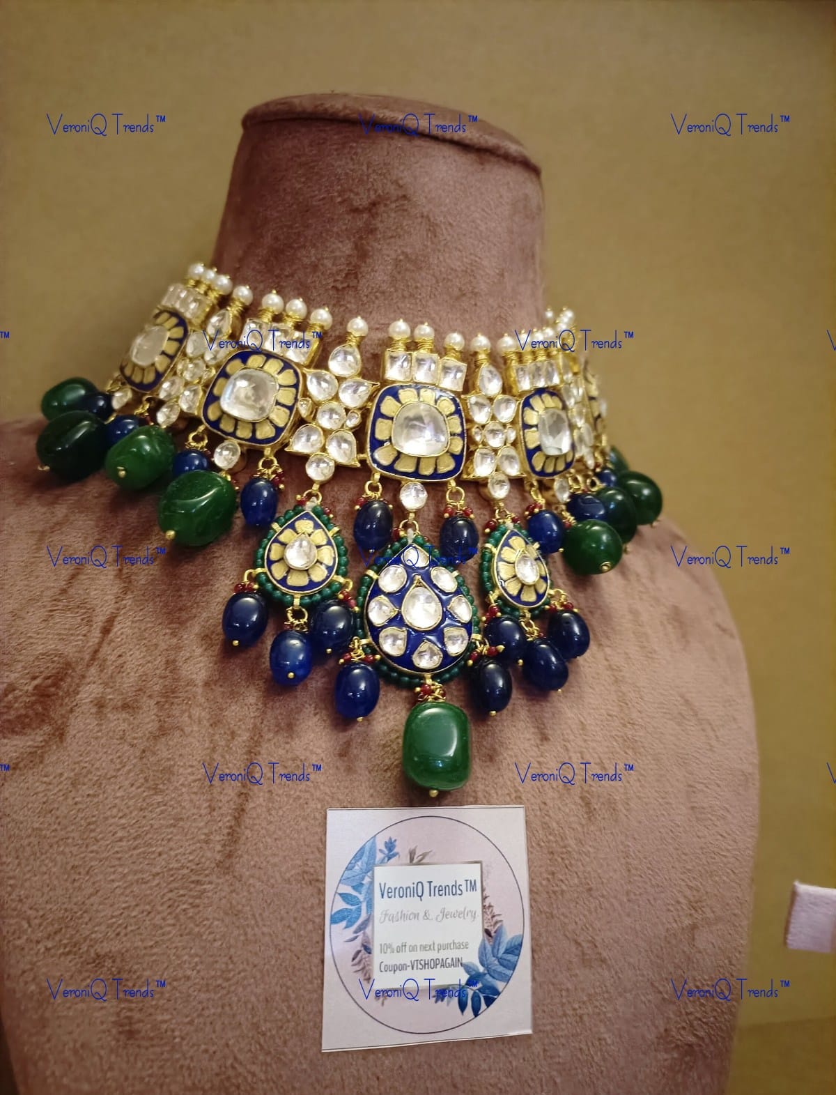 VeroniQ Trends-Beautiful Bridal Gold Plated Bollywood Style Pachi Kundan Choker Necklace With Meenakari Pachi Kundan-Gold Plated-Wedding Jewellery-Punjabi Jewellery-South Indian-Thappa Jewellery