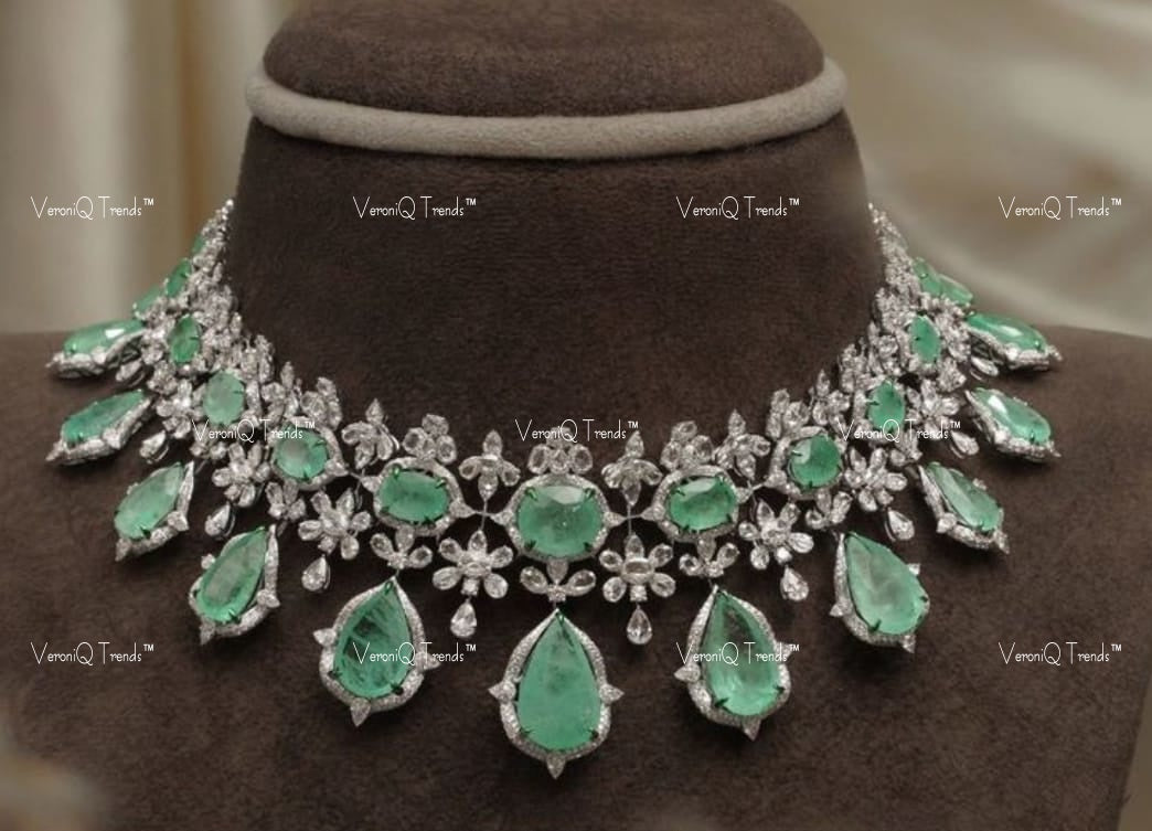 VeroniQ Trends-Cocktail Party Victorian Emerald And Polki Silver Choker Necklace Silver CZ-Emerald Stone-Gold Plated-Wedding Jewellery-Punjabi Jewellery-South Indian-Thappa Jewellery